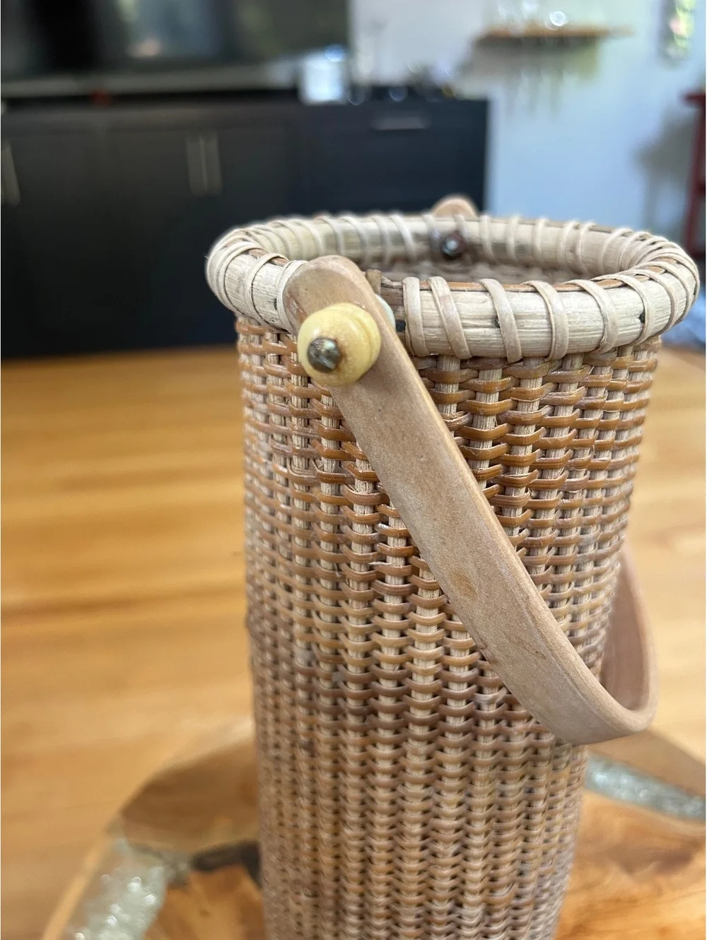 Nantucket Rattan Wine Bottle Basket with Wooden Base and Handle